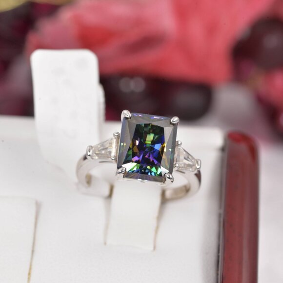 Certified 5.5ct Rainbow Blue Emerald Cut Engagement Moissanite Ring 925 - Picture 2 of 4